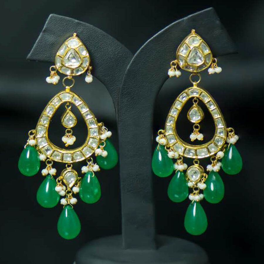 Polki Earrings With Green Beads