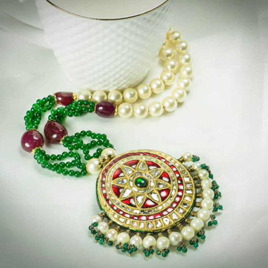 Pendant With Green Beads & Pearl